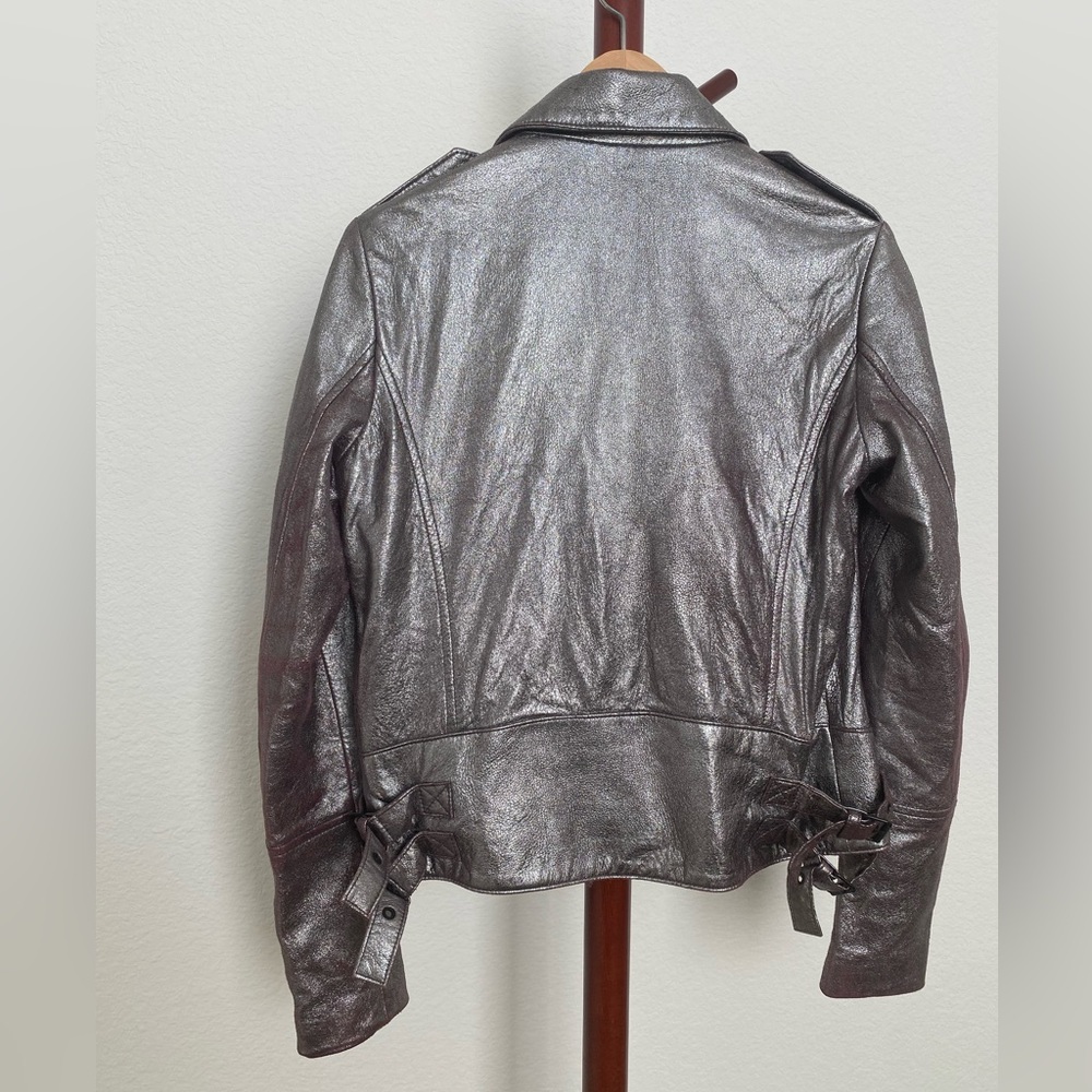 ASHSTUDIOPARIS Metallic Crackle Silver Purple Leather Moto Jacke - Picture 2 of 7